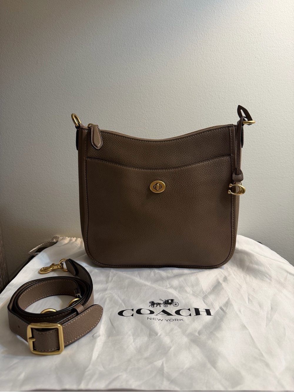 Coach dark stone Chaise Leather Turnlock Crossbody Bag with brass Hardware